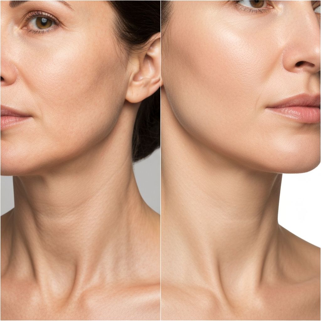 Client before and after RF double lifting treatment showing lifted contour